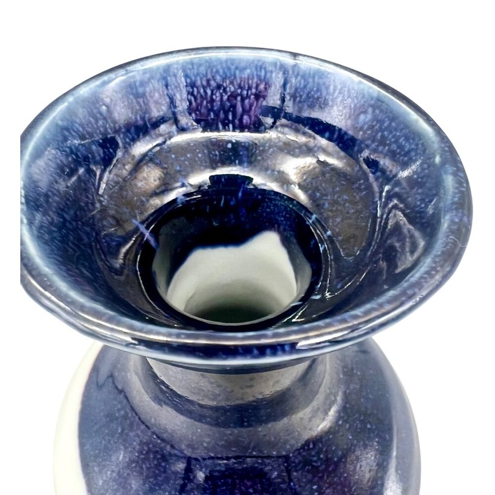 Art Studio Pottery Two-Tone Ceramic Vase In Blue & White Glaze 5.25"H Minimalist - Picture 5 of 9